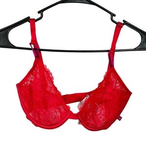 Victorias Secret 32DDD Unlined Demi Bra Red Mesh Sheer Lace Underwire